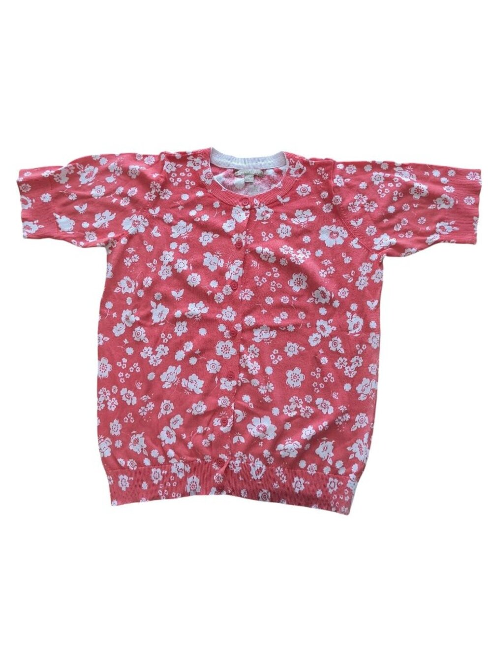 Woman Within Coral Floral Button-Up Short Sleeve Sweater M 14/16 Cotton